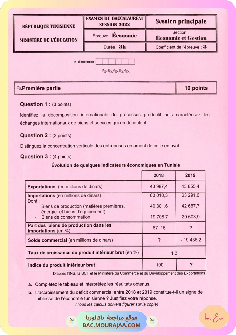 Sujet principale eco Bac 2022 – Section eco